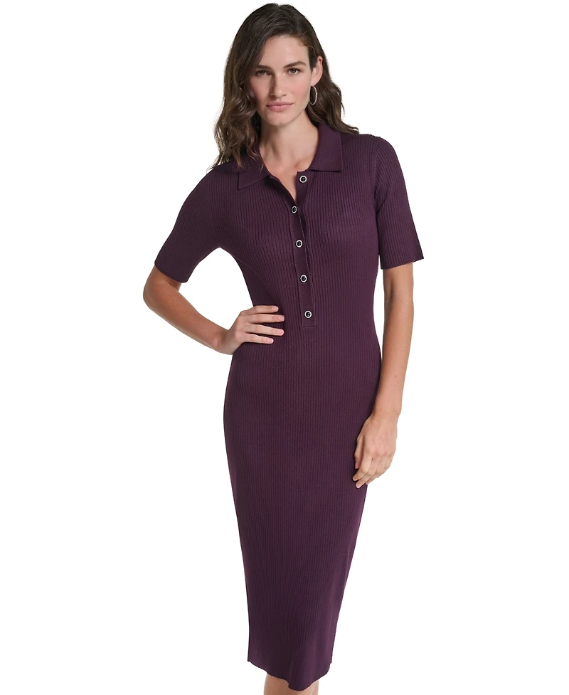 Karl Lagerfeld Paris Women's Tiered Ribbed-Knit Collared Midi Sweater Dress