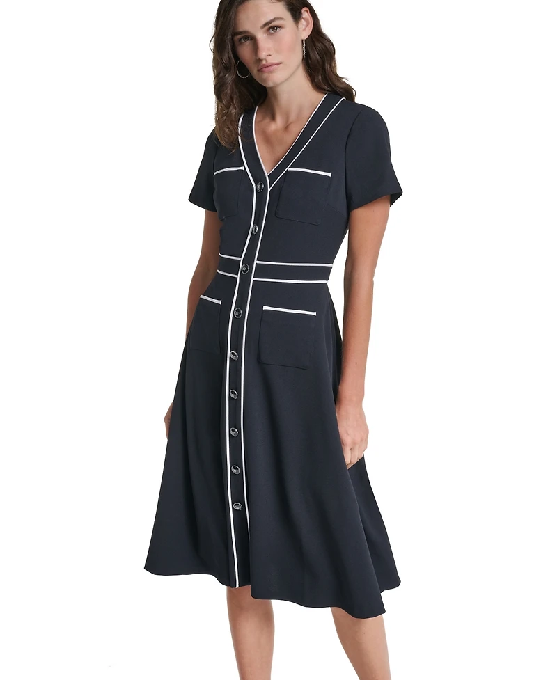 Karl Lagerfeld Paris Women's Scuba A-Line V-Neck Midi Dress