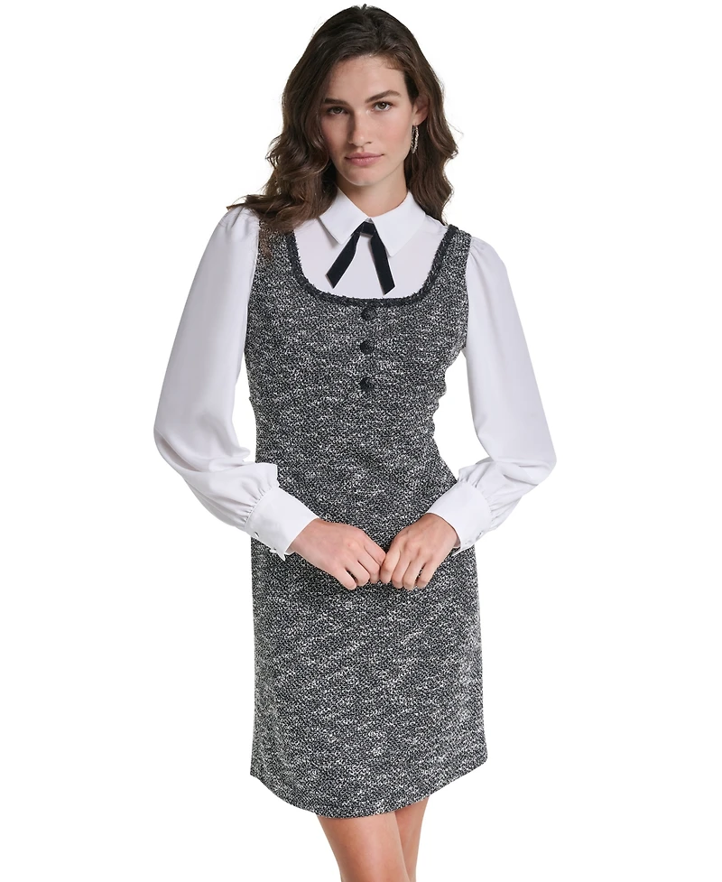 Karl Lagerfeld Paris Women's Two-Tone Tweed Collared Long-Sleeve Shift Dress