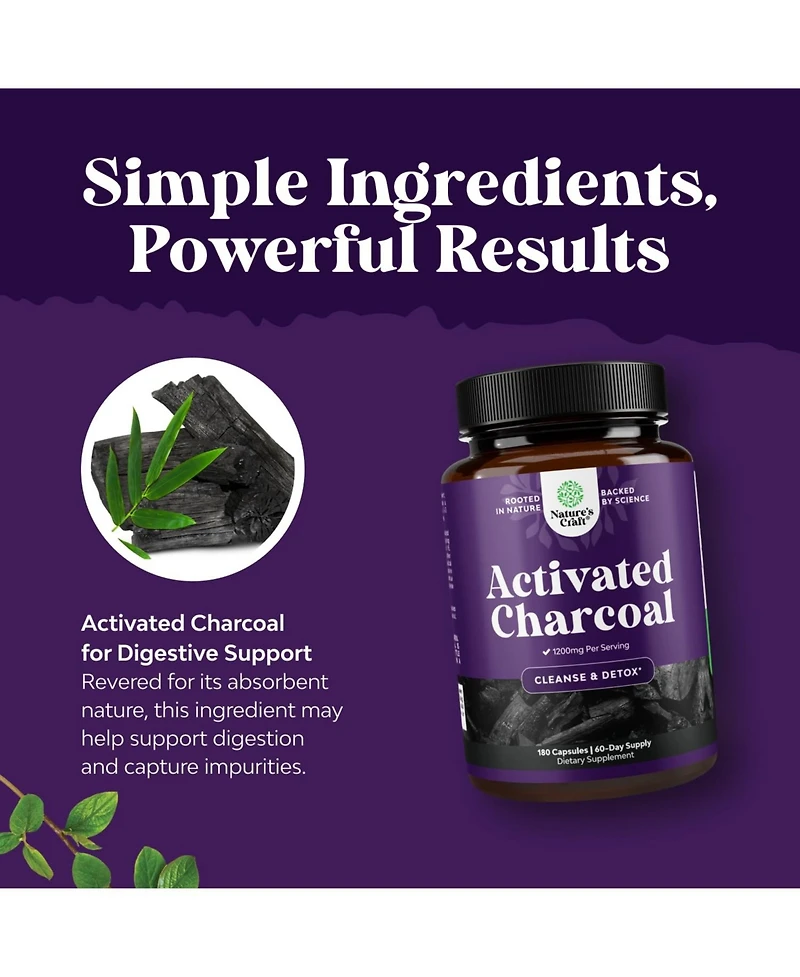 Nature's Craft Activated Coconut Charcoal Capsules, 1200 mg Per Serving, 180 Capsules