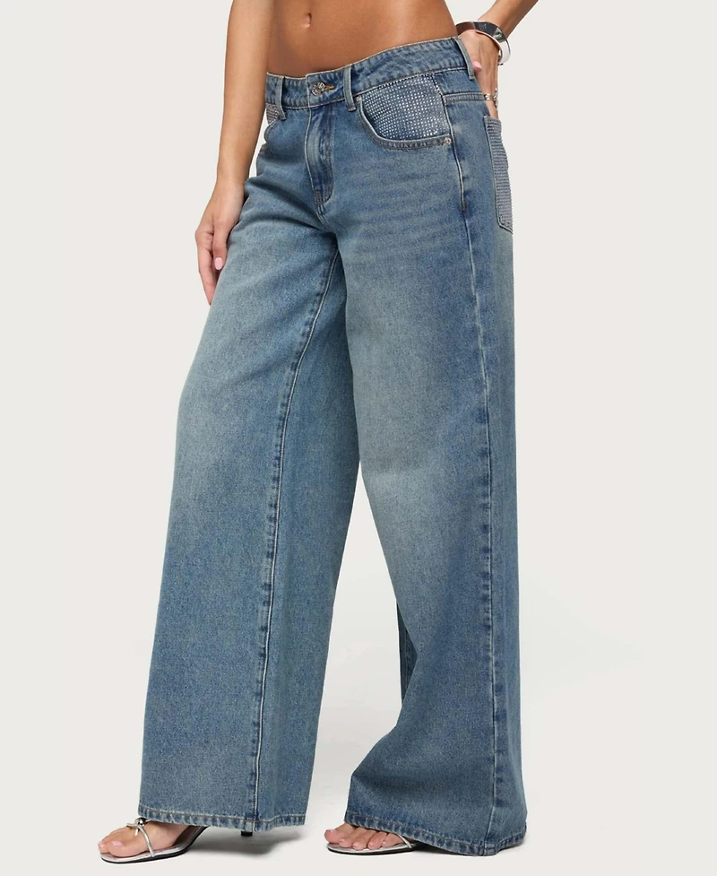 Edikted Women's Low-Rise Wide-Leg Rhinestone Jeans, 32" Inseam