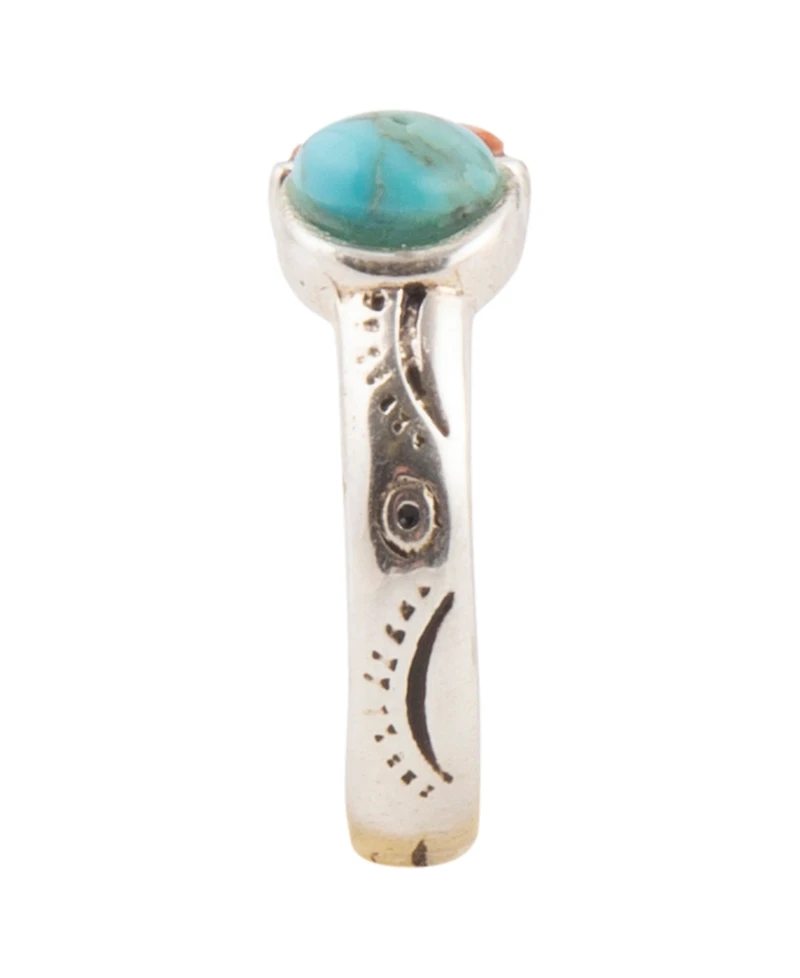 Barse Blue Turquoise and Orange Coral Duo Silver Ring