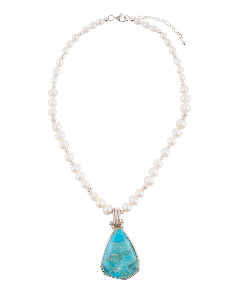 Barse Blue Turquoise Pendant and White Pearl Silver Necklace