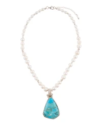 Barse Blue Turquoise Pendant and White Pearl Silver Necklace