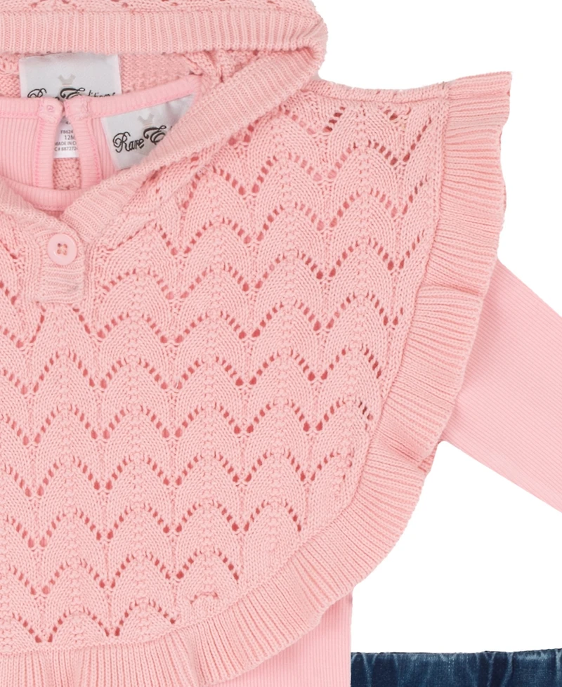 Rare Editions Baby Girls' Pink Poncho Sweater to Denim Pants, 2-Piece Set