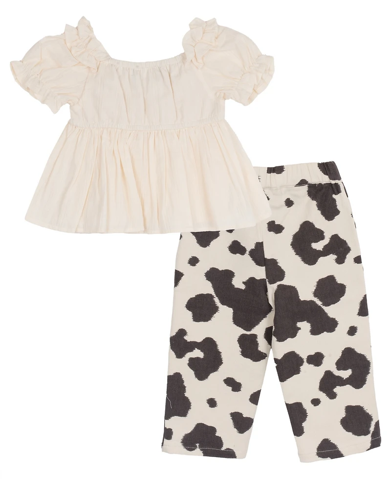Rare Editions Baby Girls' Ivory Top with Cow Print Pants, 2-Piece Set