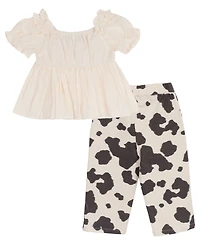 Rare Editions Baby Girls' Ivory Top with Cow Print Pants, 2-Piece Set