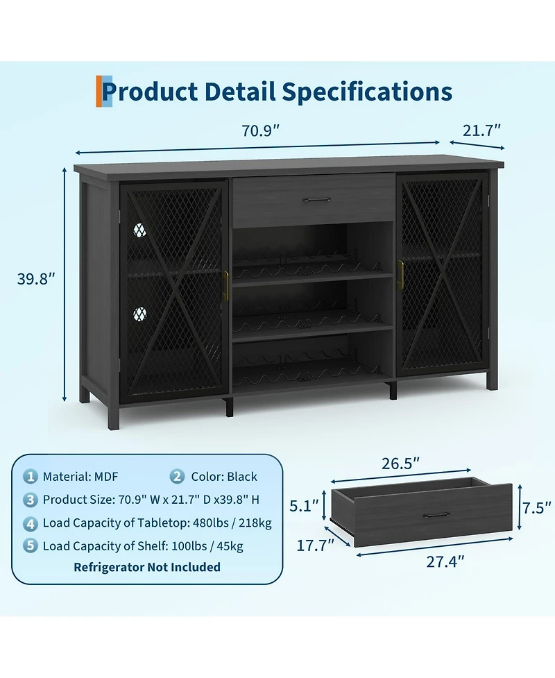 homfan 71" Farmhouse Coffee Bar Cabinet with Mini Fridge Space, 24-Bottle Wine Rack and Drawer