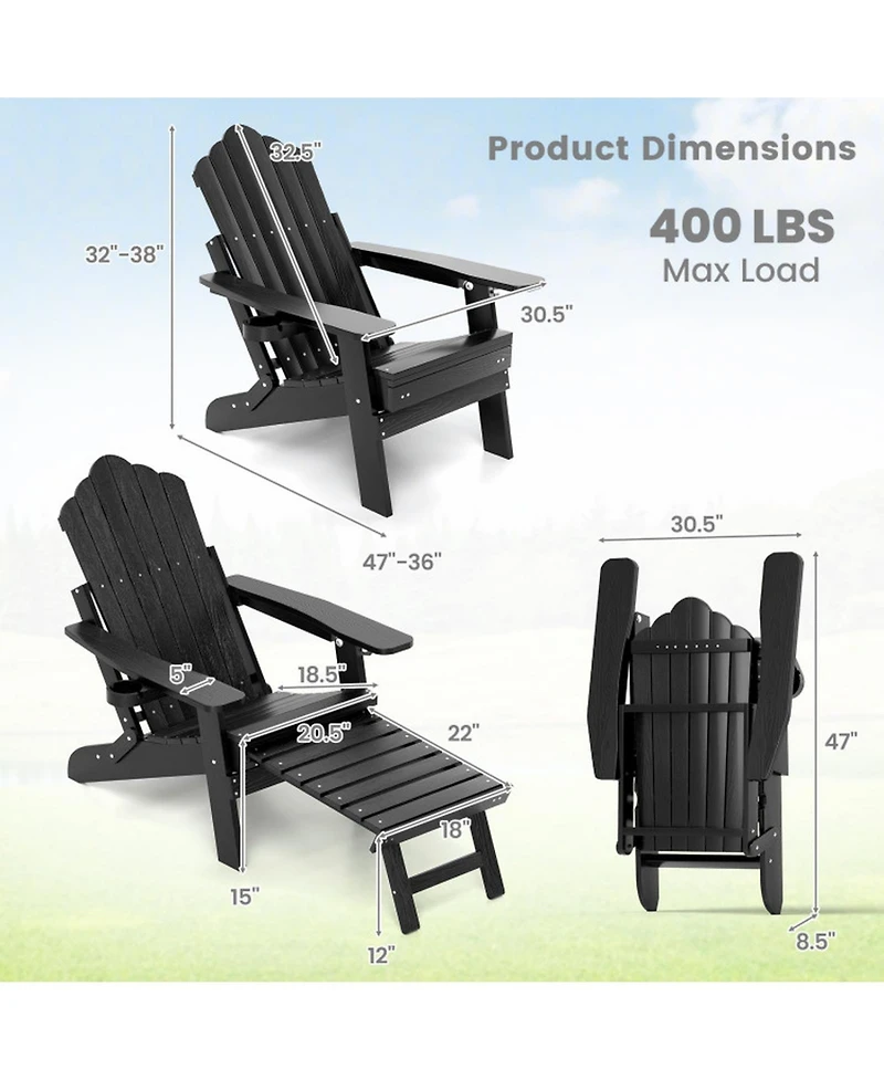 Sugift All-Weather Hips Adirondack Lounge Chair with Retractable Footrest and 4-Level Backrest