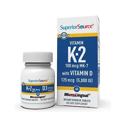 Superior Source K2 (Mk-7) 100 mcg, with D3 (5,000 Iu) Supplement, Quick Dissolve MicroLingual Tablets, 60 Count, Strengthen Bones, Cardiovascular and
