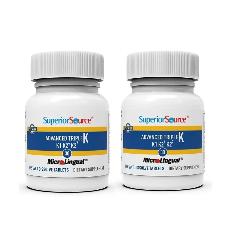Superior Source Triple K: Mk-4 500mcg, Mk-7 50mcg, K1 500mcg, 30 Quick Dissolve Tabs, Bone/Heart/Immune Support, Non-gmo, 2-Pack