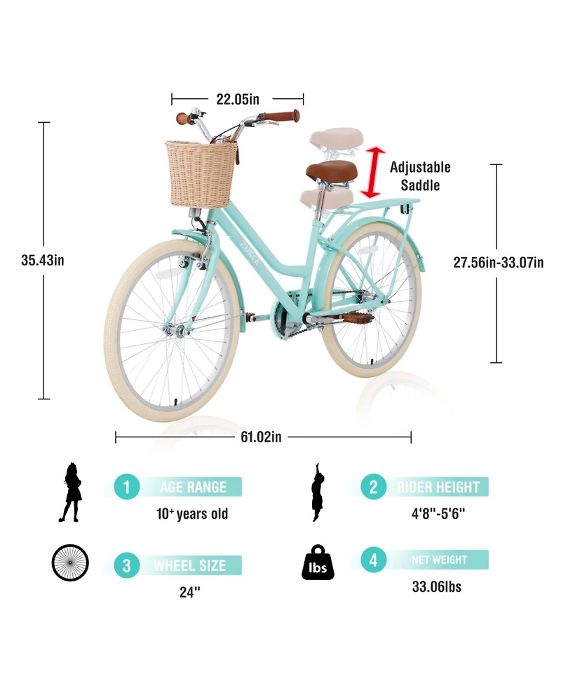 ECHTPeak 24 Inch Girls Bike with Basket, Single Speed Kids Bicycles, with Rear Rack Bell, No Training Wheels Included