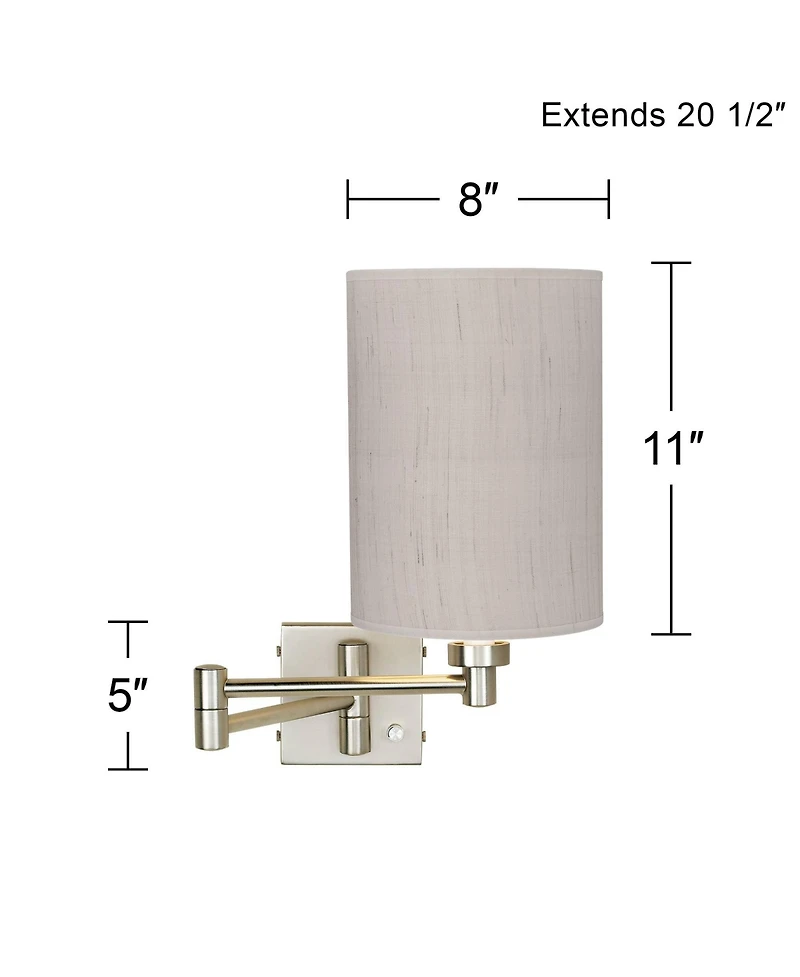 Possini Euro Design Modern Swing Arm Wall Lamp Brushed Nickel Plug-In Light Fixture Linen Cylinder Shade for Bedroom Bedside