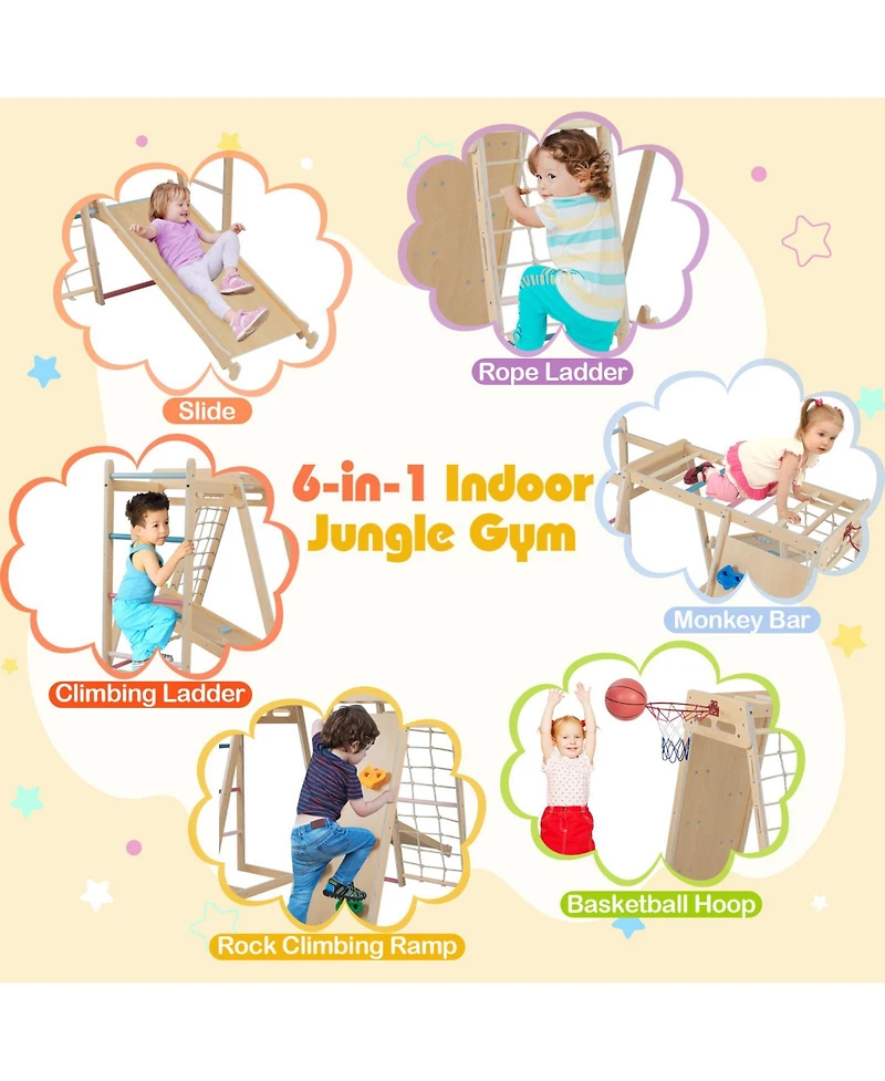 Sugift Kids 6-in-1 Indoor Jungle Gym Playground Builds Balance & Coordination, Ages 3-14