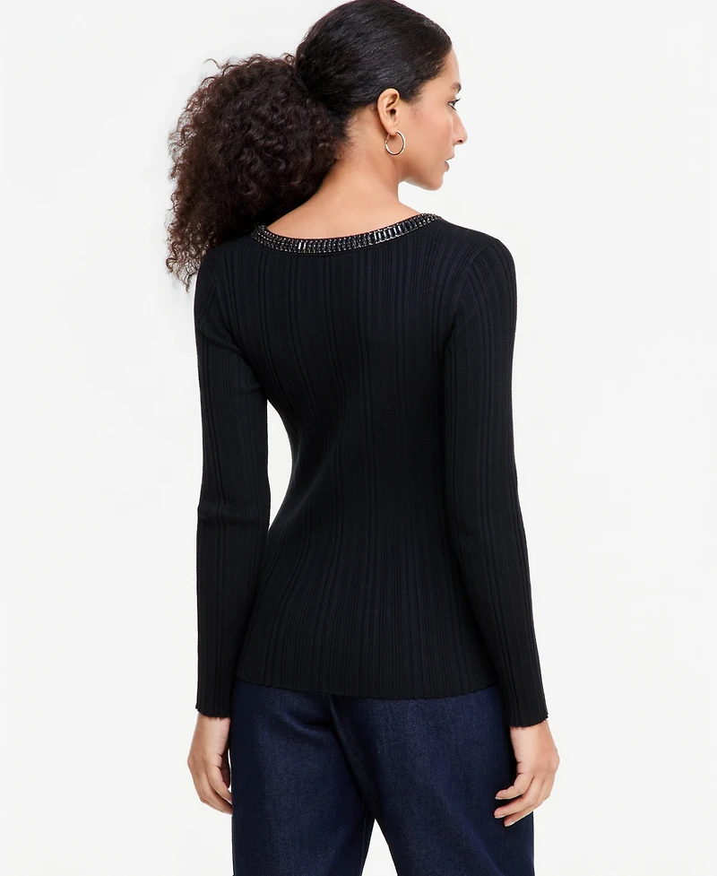 I.n.c. International Concepts Women's Embellished Scoop Neck Ribbed Sweater, Macy's Exclusive