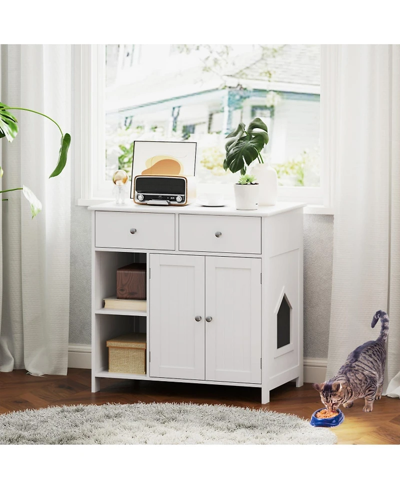 Sugift Hidden Cat Washroom Side Cabinet Wooden Pet House with 2 Drawers 31.5in x 20in x 31in