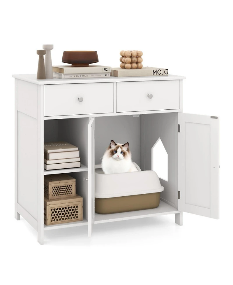 Sugift Hidden Cat Washroom Side Cabinet Wooden Pet House with 2 Drawers 31.5in x 20in x 31in