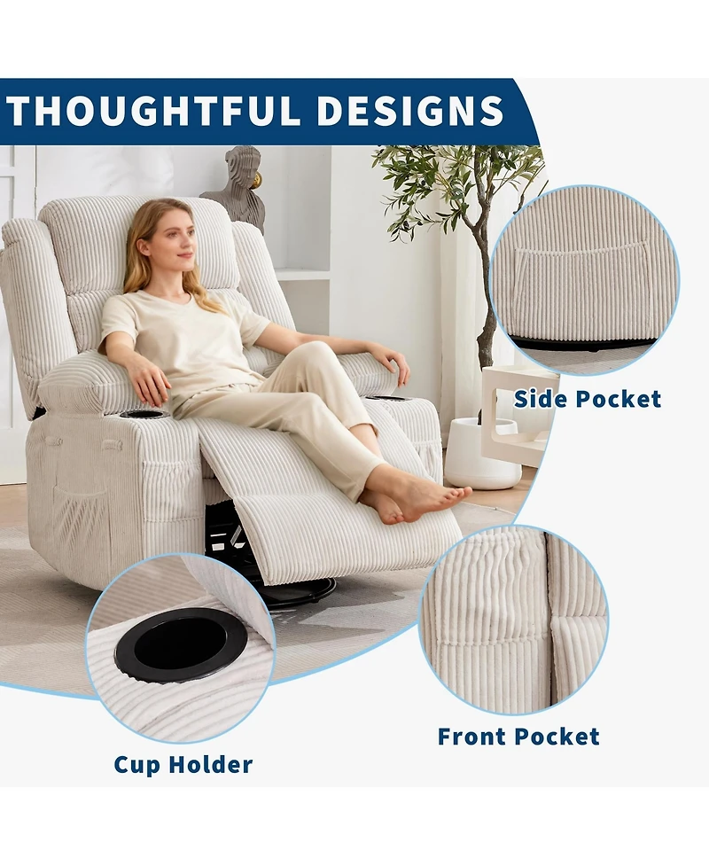 homfan Rocking Recliner for Adults Oversized 360degree(s) Swivel Manual | Soft Corduroy with Cup Holder Side Pockets Living Room