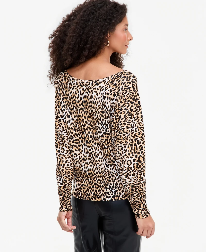 I.n.c. International Concepts Women's Long-Sleeve Leopard-Print Lightweight Boatneck Sweater, Macy's Exclusive