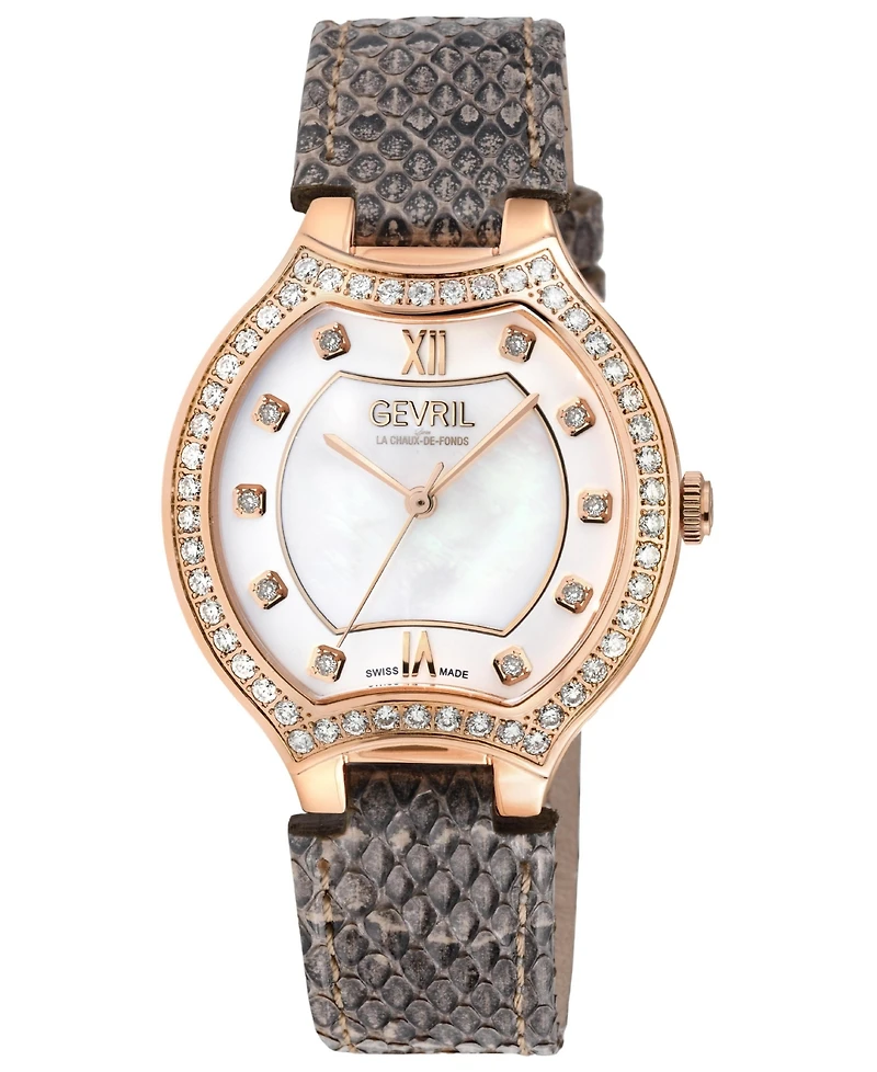 Gevril Women's Lugano Swiss Quartz Diamond Hand made Italian leather Strap Watch