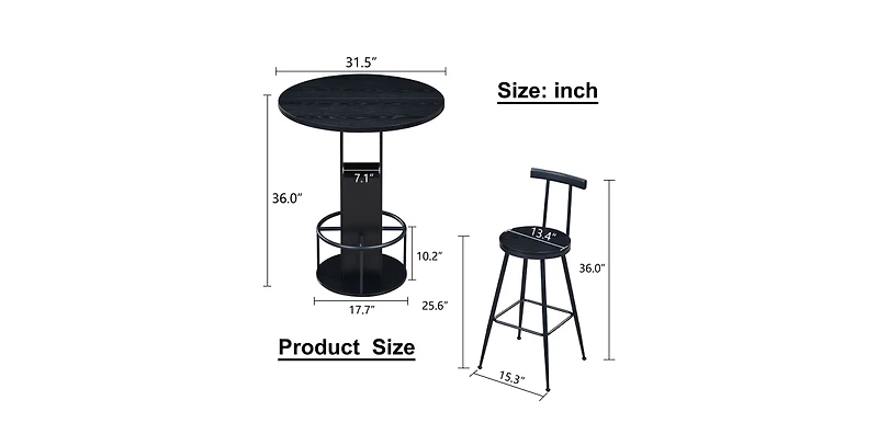 Flynama 3-Piece 31.5" Round Bar Table Set with 2 Stools, Metal Footrest for Small Spaces and Cafes
