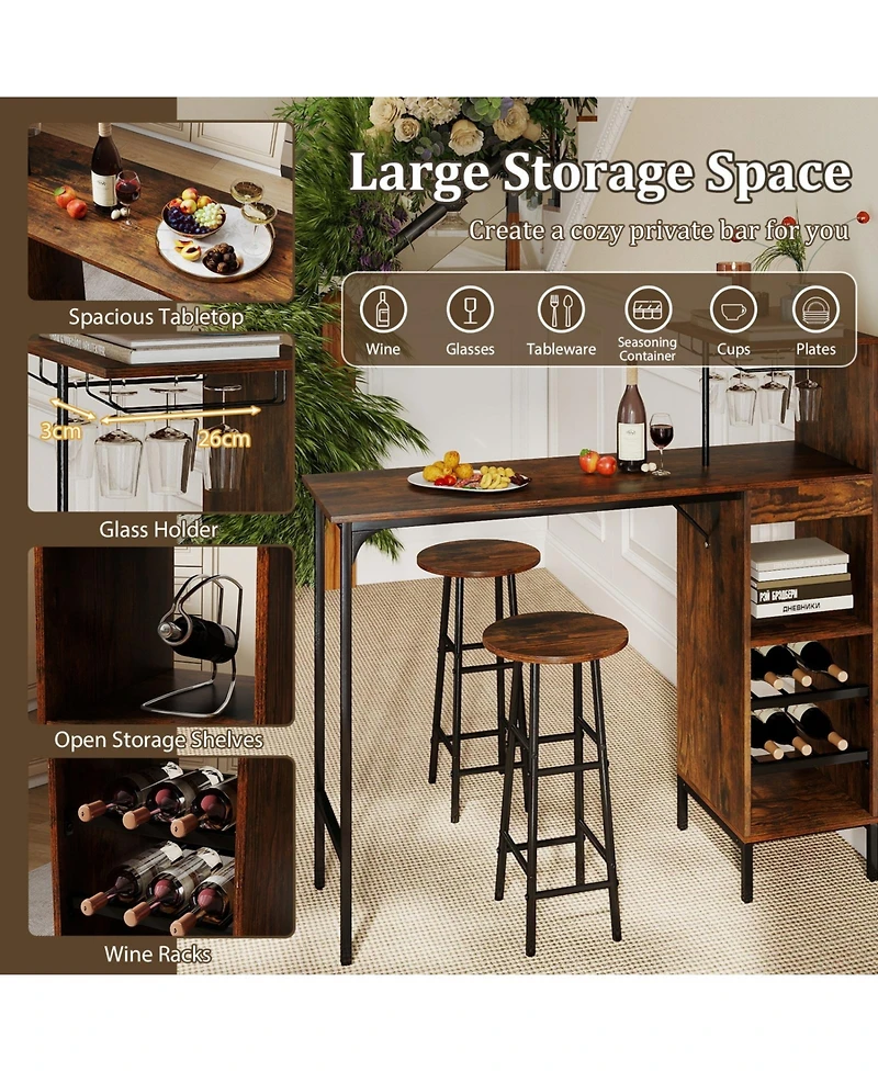 Sugift 3-Piece Bar Table and Chairs Set with 6-Bottle Wine Rack