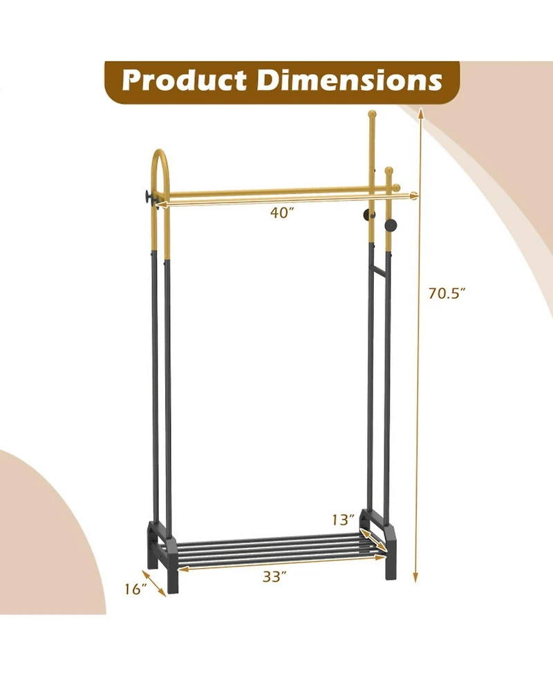 Hongge Freestanding Double Rod Garment Rack with Bottom Shoe Shelf