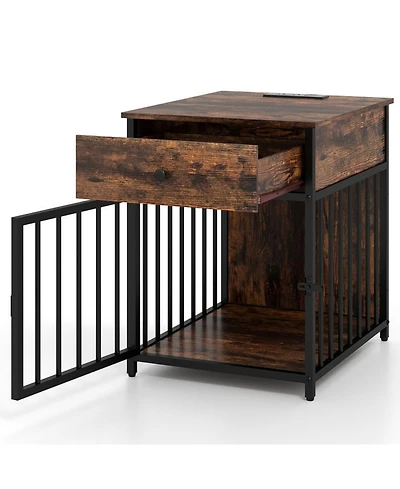 Sugift Wooden Dog Crate Furniture for Small Dogs Puppy Kennel with Charging Station and Storage