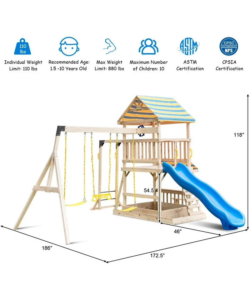 Hongge Wooden Swing Set with Upper Deck Slide and Climbing Wall, 172.5"L x 186"W x 118"H, Accommodates up to 10 Children, Ages 3+
