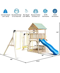 Hongge Wooden Swing Set with Upper Deck Slide and Climbing Wall, 172.5"L x 186"W x 118"H, Accommodates up to 10 Children, Ages 3+