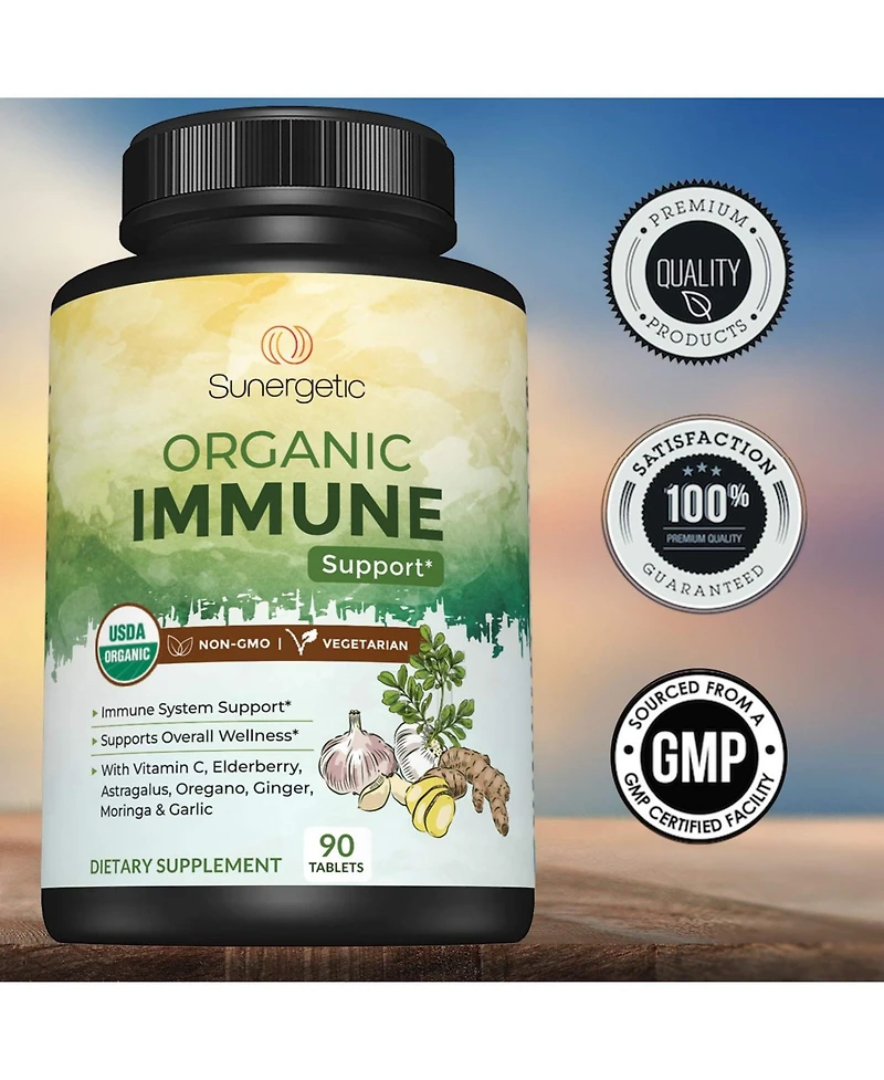 Sunergetic Immune Supplement with Vitamin C, Elderberry, Astragalus, Oregano, Ginger, Moringa and Garlic, 90 Tablets