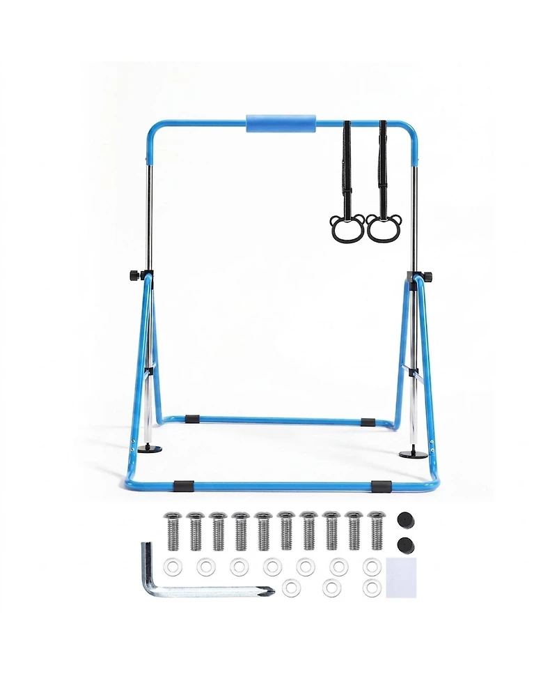 Hongge Adjustable Height Junior Gymnastics Horizontal Bar Folding Design with Gymnastic Rings Rated 140 lbs