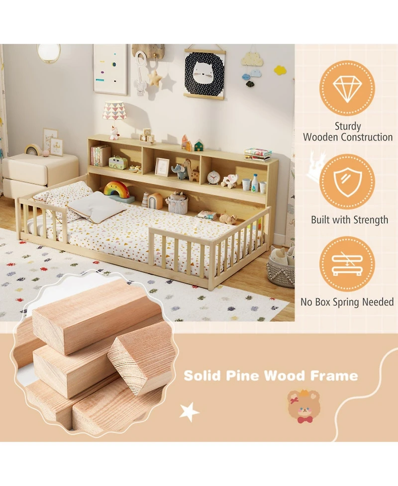 Sugift Twin Size Montessori Floor Bed with Attached Bookcase and Fence Rails