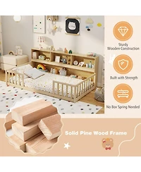 Sugift Twin Size Montessori Floor Bed with Attached Bookcase and Fence Rails