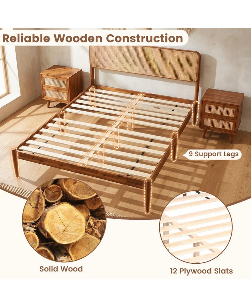 Sugift Full Size Acacia Wood Platform Bed with Woven Rattan Headboard and Slats