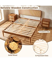 Sugift Full Size Acacia Wood Platform Bed with Woven Rattan Headboard and Slats