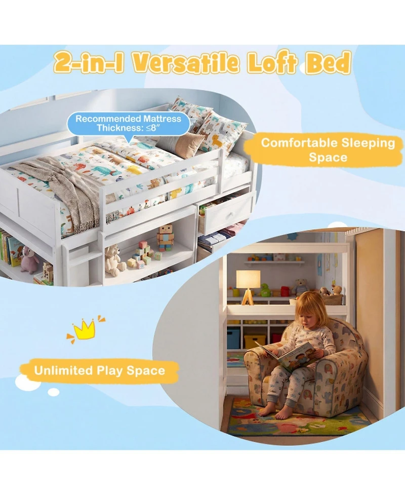 Sugift Twin Size Wooden Loft Bed with Led Lights Storage Shelves and Drawers