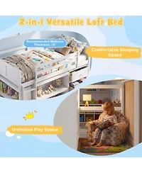 Sugift Twin Size Wooden Loft Bed with Led Lights Storage Shelves and Drawers