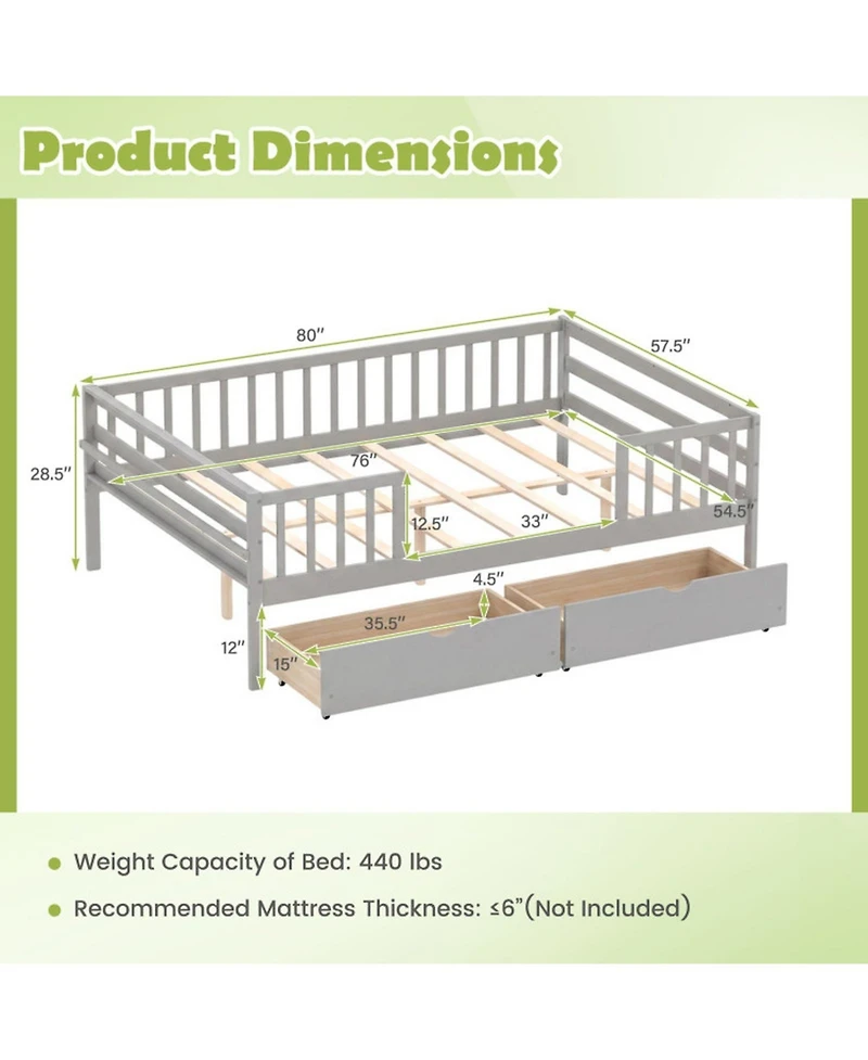 Sugift Full Size Wooden Daybed with Fence Guardrails and 2 Storage Drawers