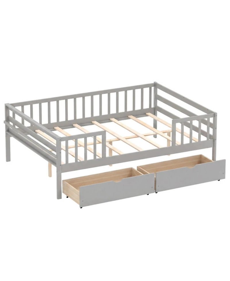 Sugift Full Size Wooden Daybed with Fence Guardrails and 2 Storage Drawers