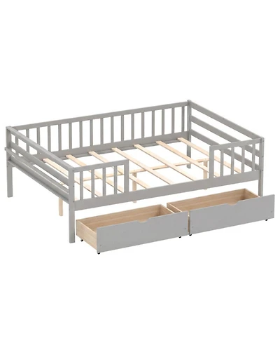 Sugift Full Size Wooden Daybed with Fence Guardrails and 2 Storage Drawers