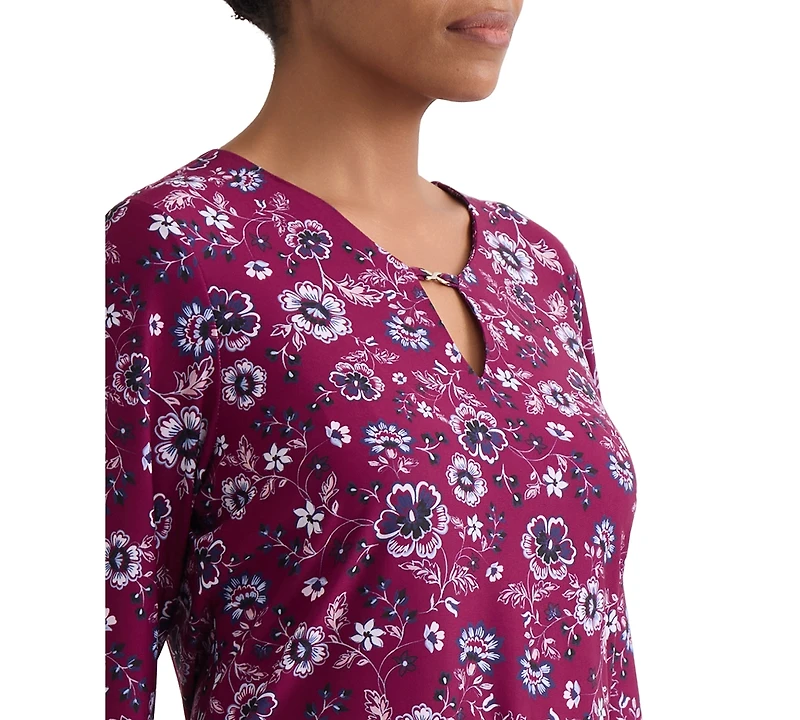 Jones New York Plus Kissing Trim Top Printed Floral-Print V-Neck 3/4-Sleeve Blouse