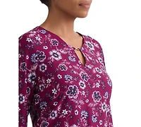 Jones New York Plus Kissing Trim Top Printed Floral-Print V-Neck 3/4-Sleeve Blouse