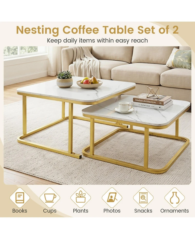 Sugift Nesting Coffee Table Set of 2 with Faux Marble Tops and Metal Frame