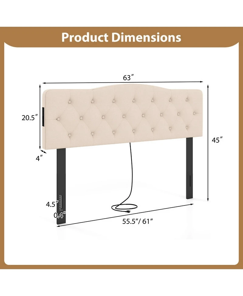 Sugift Tufted Upholstered Headboard for Full and Queen Bed with Charging Station