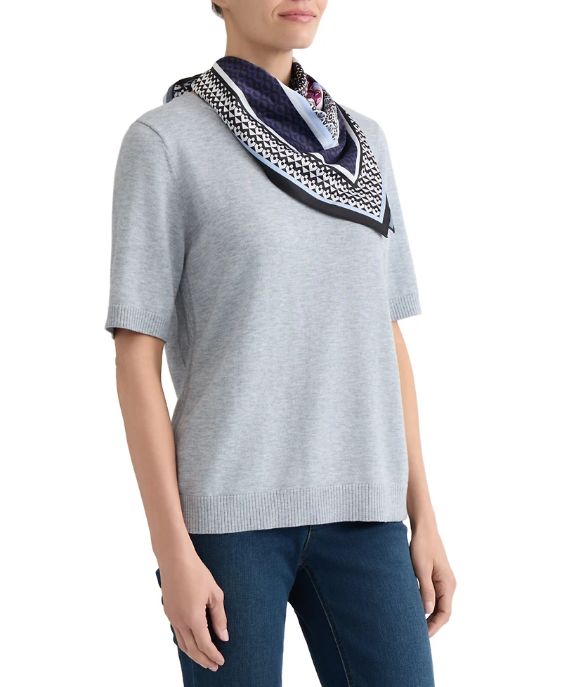 Jones New York Plus Crewneck Top with Woven Scarf and Ribbed Trim