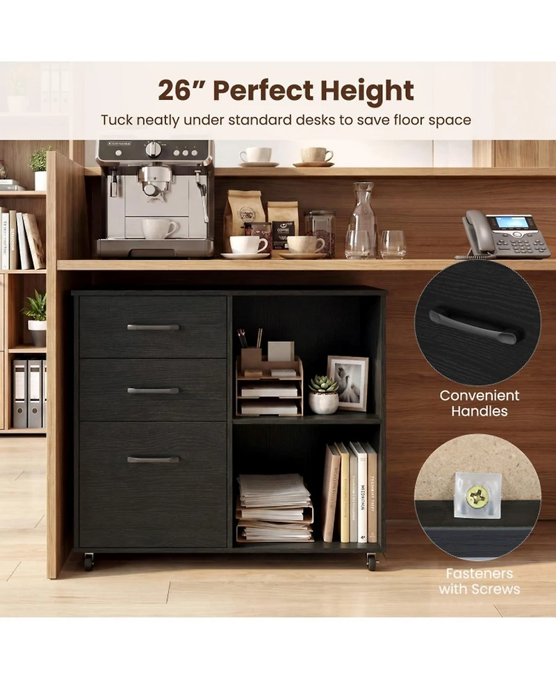 Sugift Mobile 3-Drawer Lateral File Cabinet and Rolling Printer Stand with Open Shelves