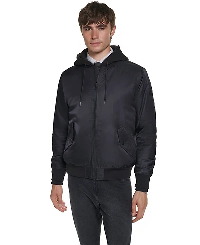 Karl Lagerfeld Paris Men's Embroidered Signature Hooded Bomber