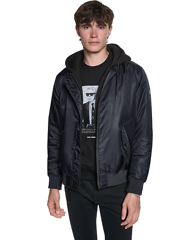 Karl Lagerfeld Paris Men's Embroidered Signature Hooded Bomber