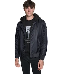 Karl Lagerfeld Paris Men's Embroidered Signature Hooded Bomber